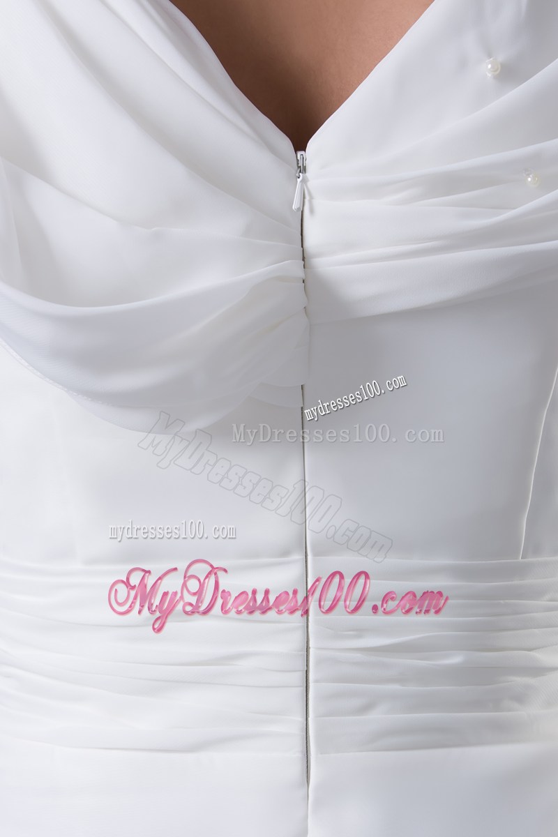 Cheap White Ruching Empire long Prom Dress with V-neck