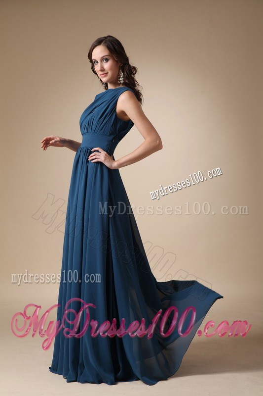 Navy Blue Empire Asymmetrical Floor-length Ruched 2013 Prom Dress