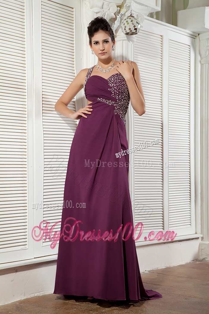 Dark Purple Empire Evening Dress One Shoulder Beading Brush Train