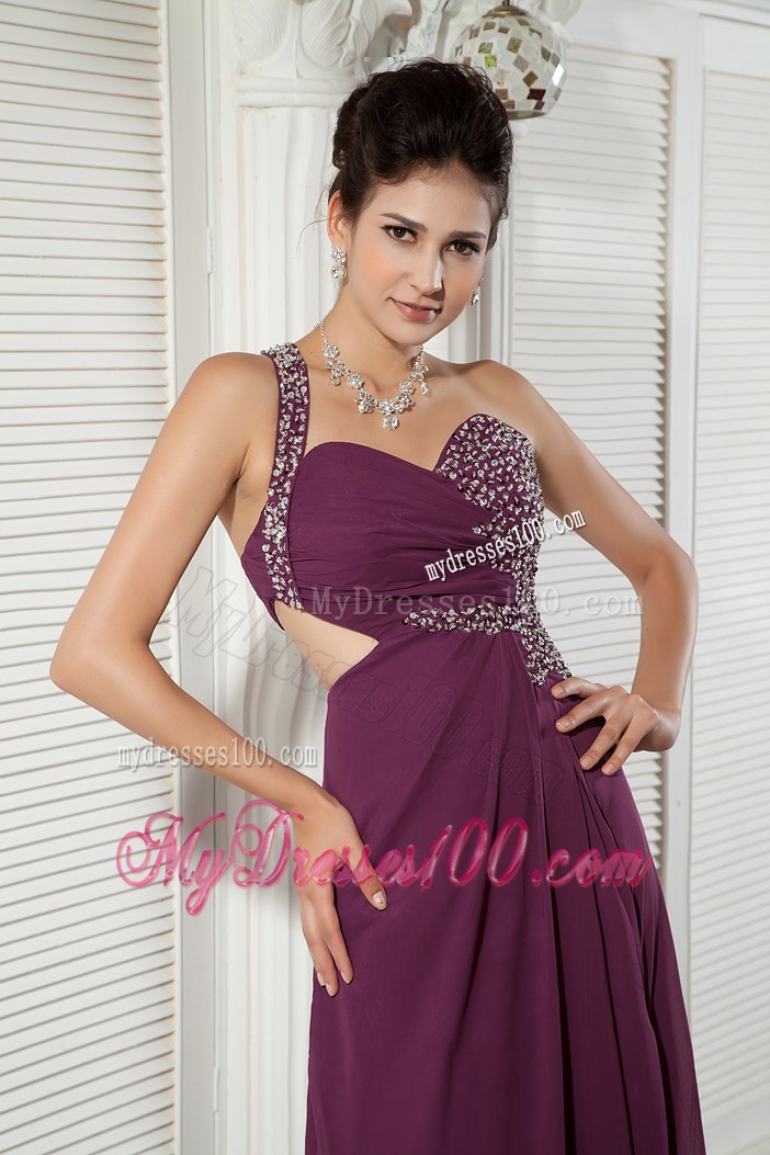 Dark Purple Empire Evening Dress One Shoulder Beading Brush Train