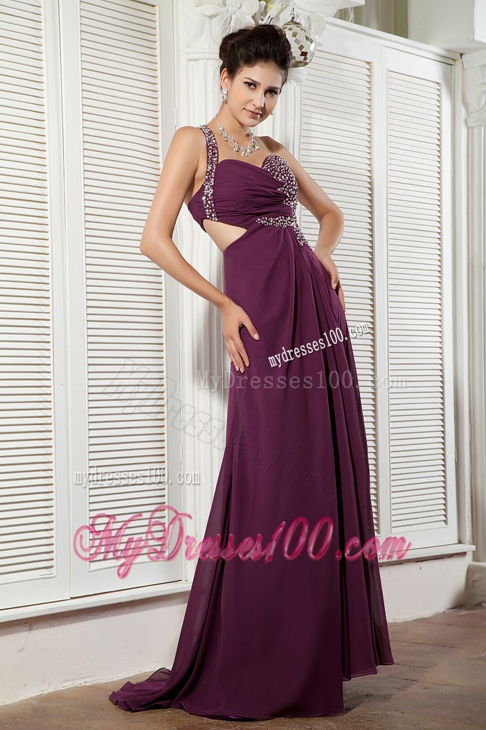 Dark Purple Empire Evening Dress One Shoulder Beading Brush Train