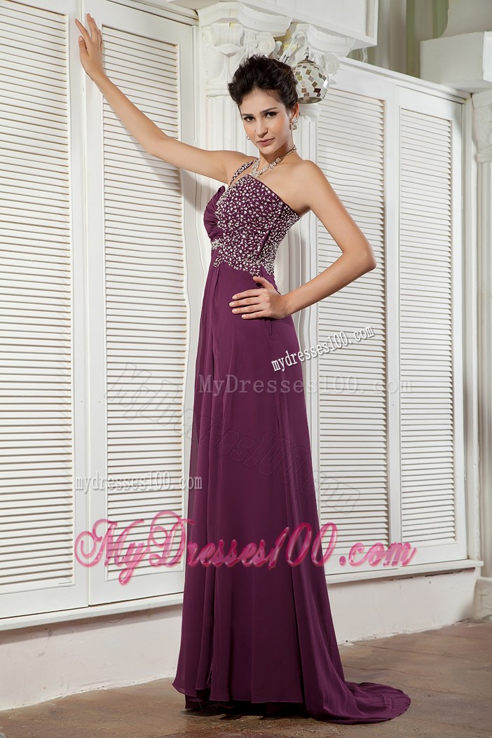Dark Purple Empire Evening Dress One Shoulder Beading Brush Train