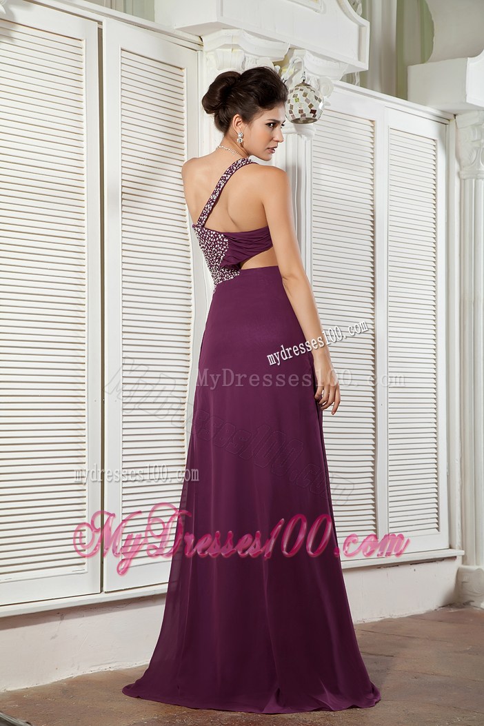Dark Purple Empire Evening Dress One Shoulder Beading Brush Train