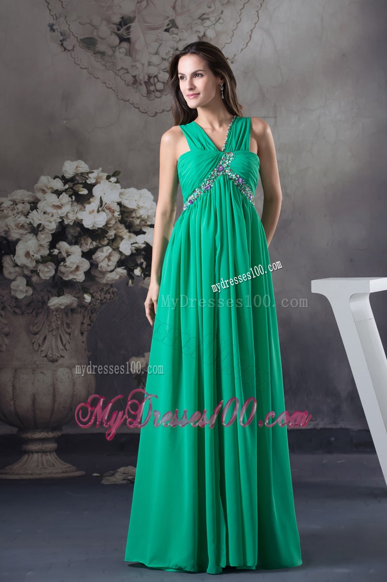 Clearance Beading and Ruching Empire Green long V-neck Prom Dress