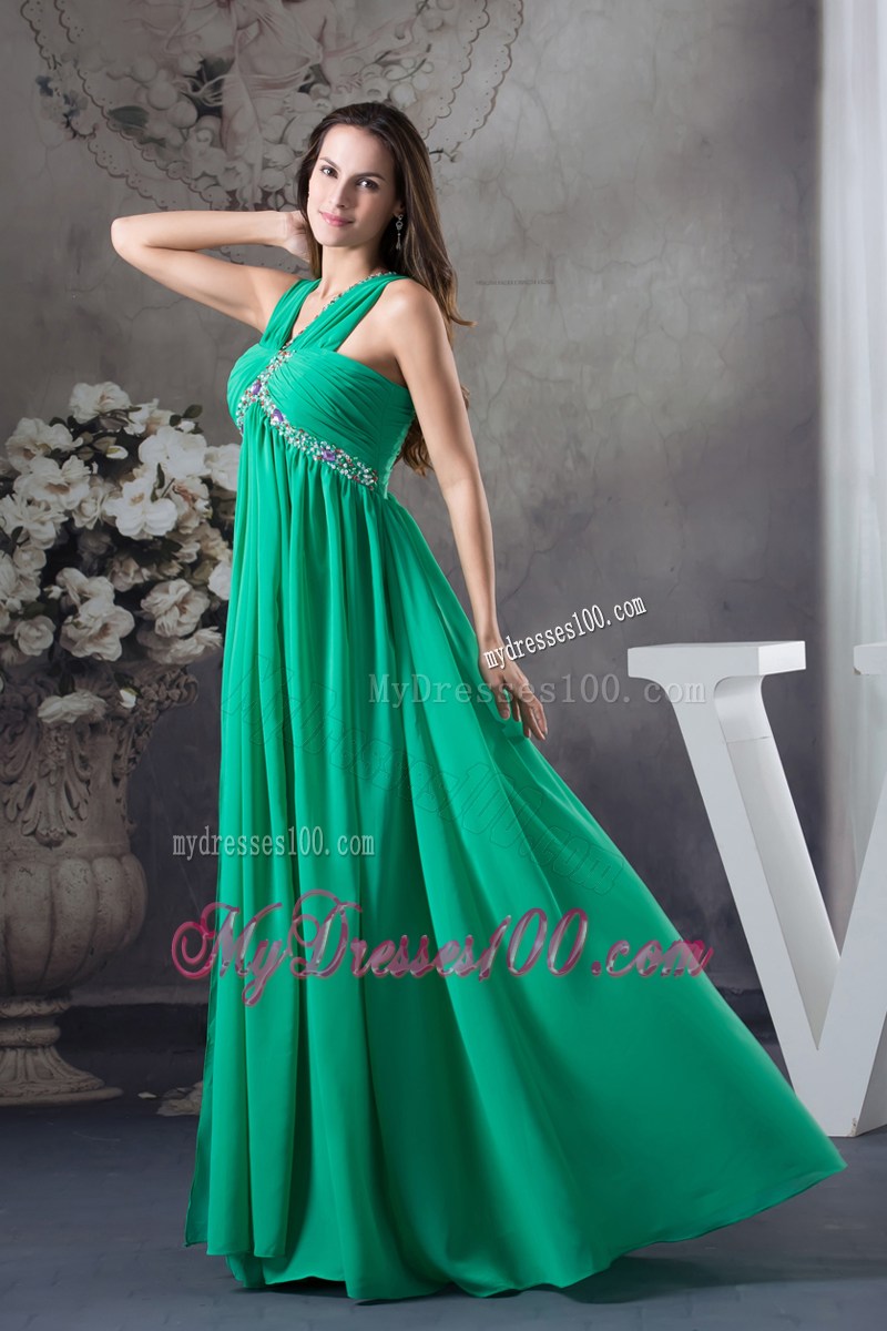 Clearance Beading and Ruching Empire Green long V-neck Prom Dress