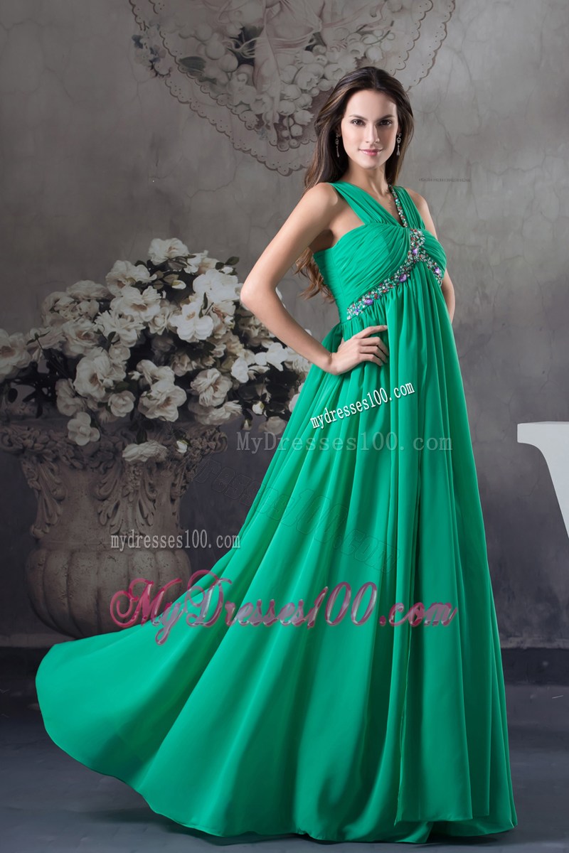 Clearance Beading and Ruching Empire Green long V-neck Prom Dress