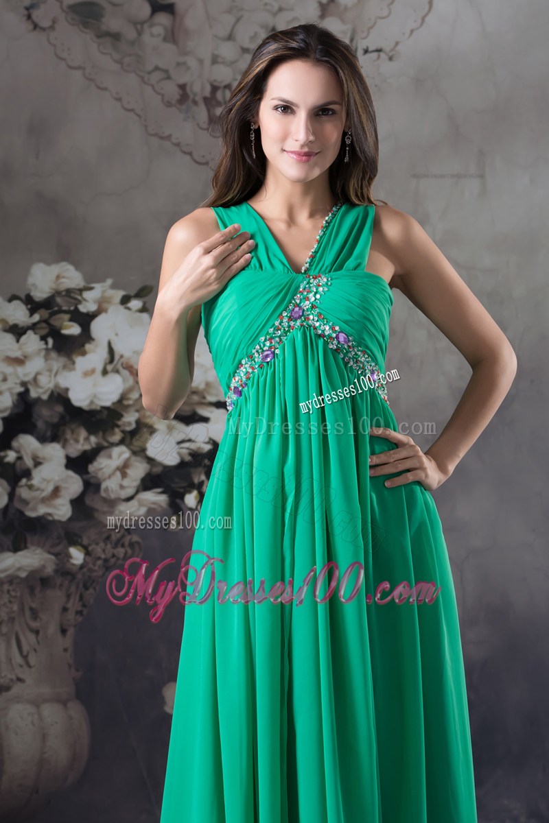 Clearance Beading and Ruching Empire Green long V-neck Prom Dress