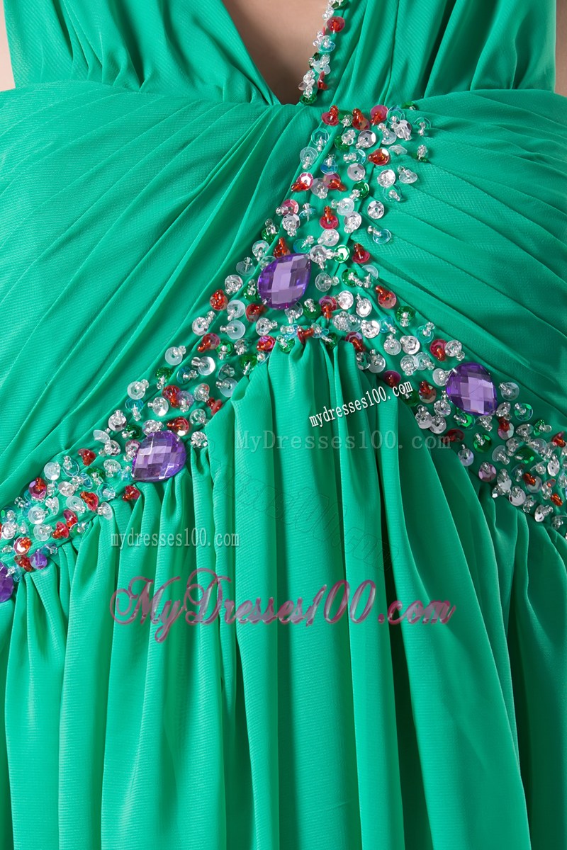 Clearance Beading and Ruching Empire Green long V-neck Prom Dress