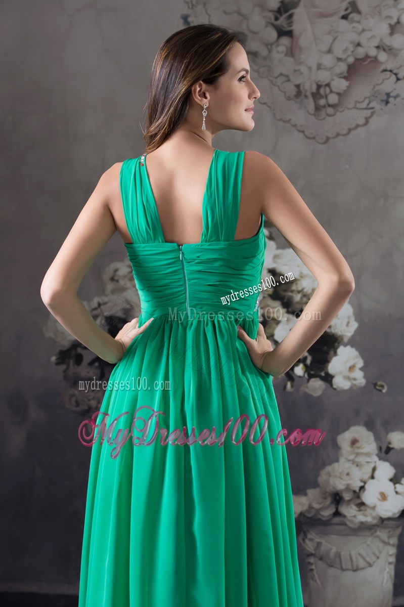 Clearance Beading and Ruching Empire Green long V-neck Prom Dress
