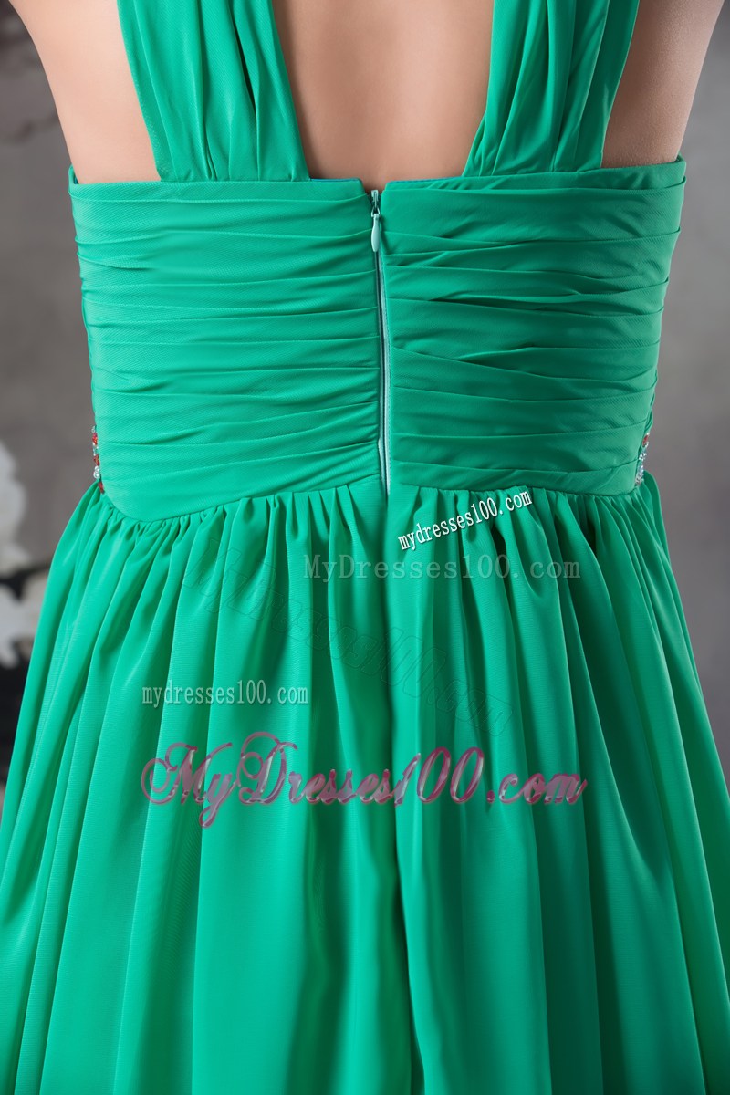 Clearance Beading and Ruching Empire Green long V-neck Prom Dress