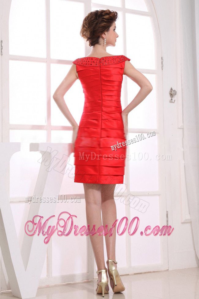 Column Off the Shoulder Mini-length Prom Dresses Red Ruffled Layers
