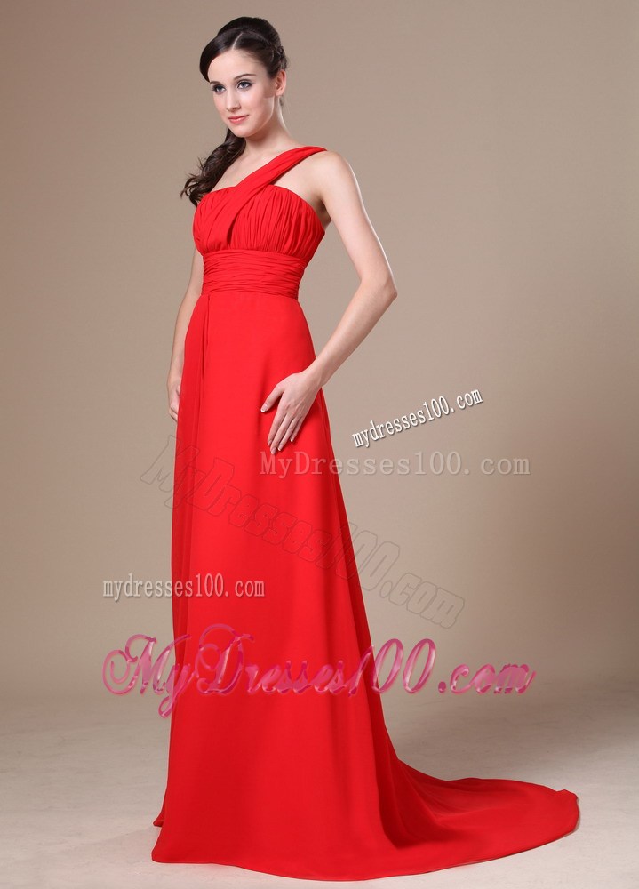 One Shoulder For 2013 Prom Dresses With Ruching and Brush Train
