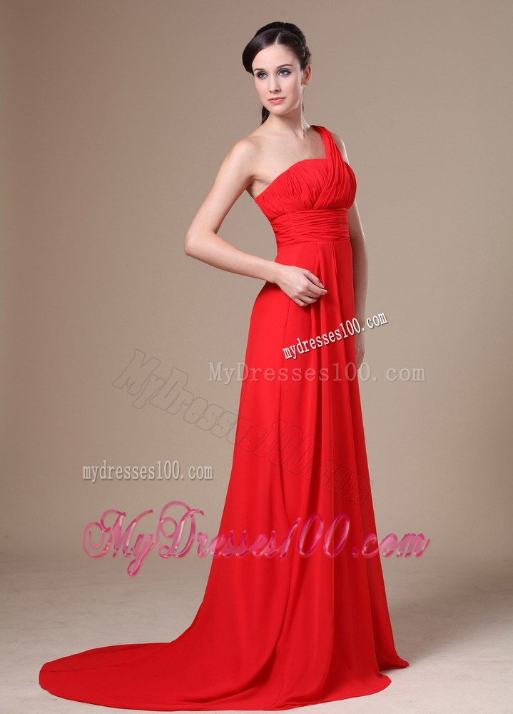 One Shoulder For 2013 Prom Dresses With Ruching and Brush Train