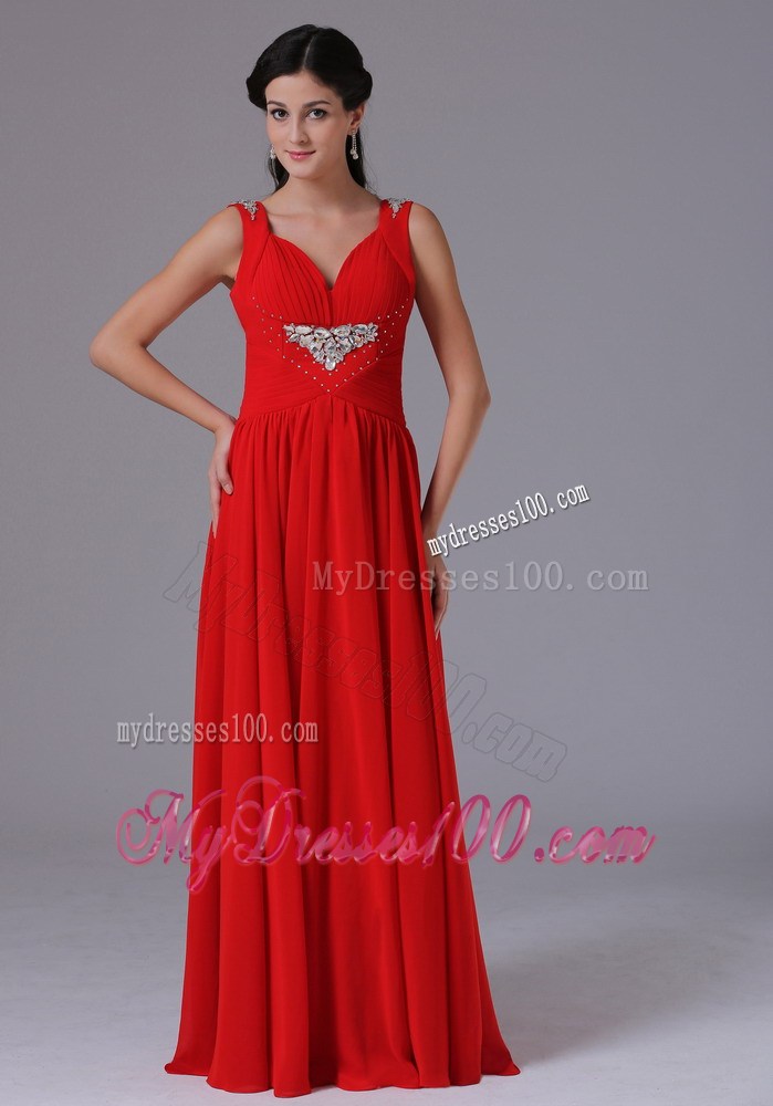 Stylish Red V-neck Beaded Ruched Prom Dresses With Floor-length