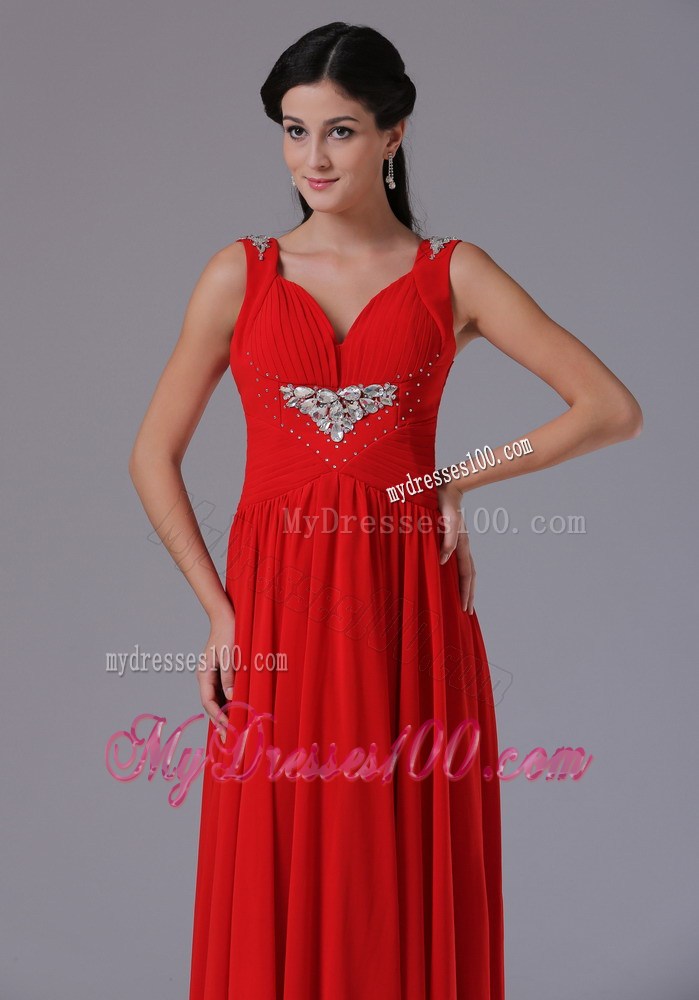 Stylish Red V-neck Beaded Ruched Prom Dresses With Floor-length