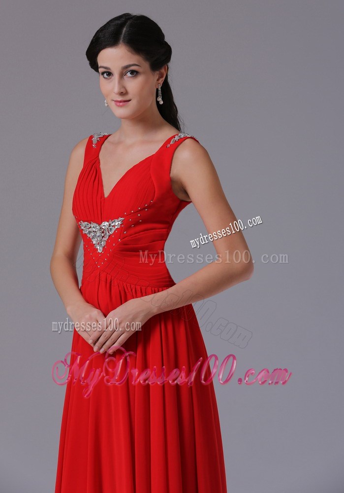 Stylish Red V-neck Beaded Ruched Prom Dresses With Floor-length