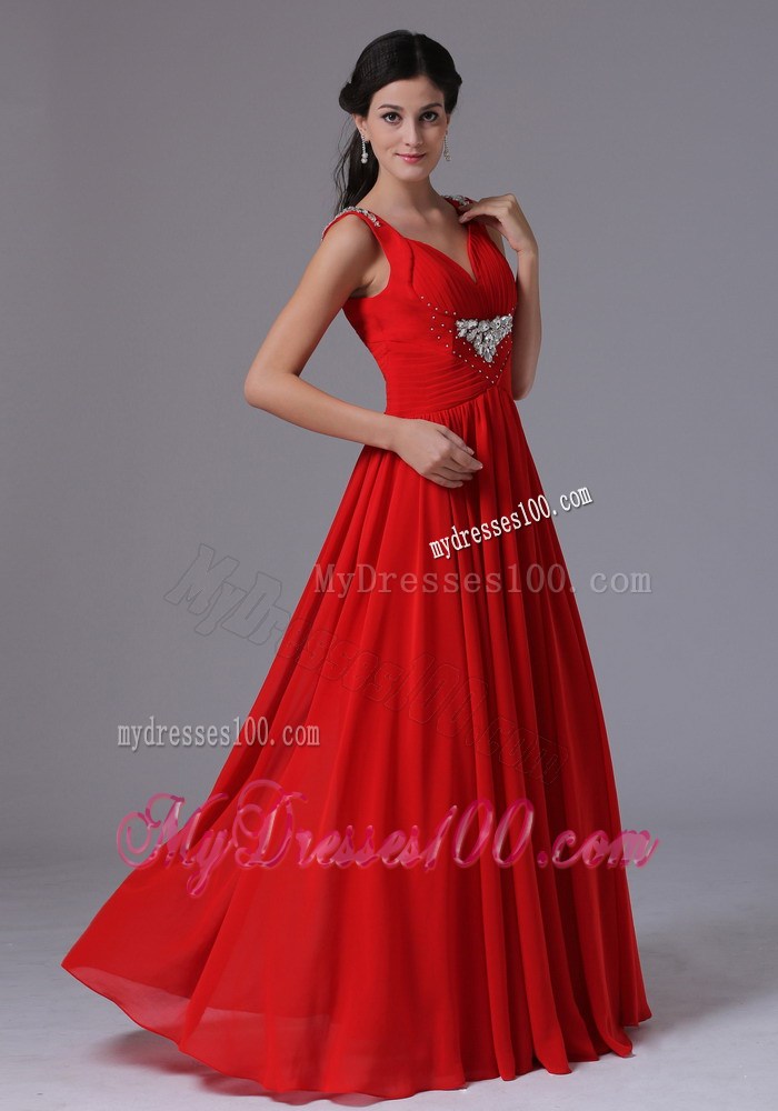Stylish Red V-neck Beaded Ruched Prom Dresses With Floor-length