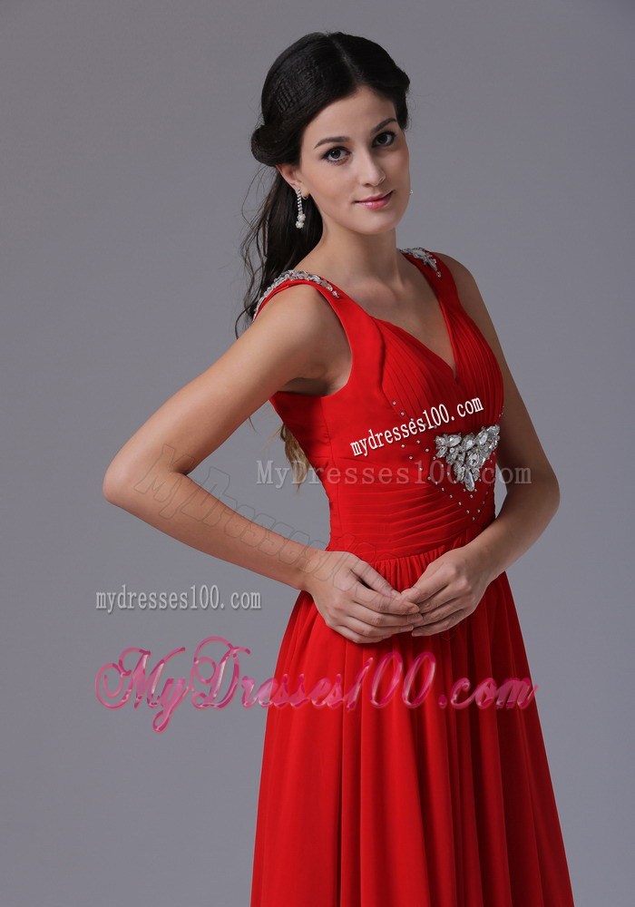 Stylish Red V-neck Beaded Ruched Prom Dresses With Floor-length