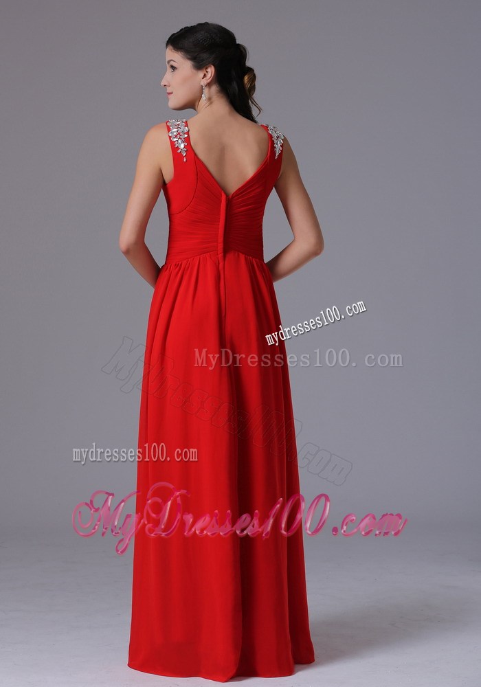 Stylish Red V-neck Beaded Ruched Prom Dresses With Floor-length