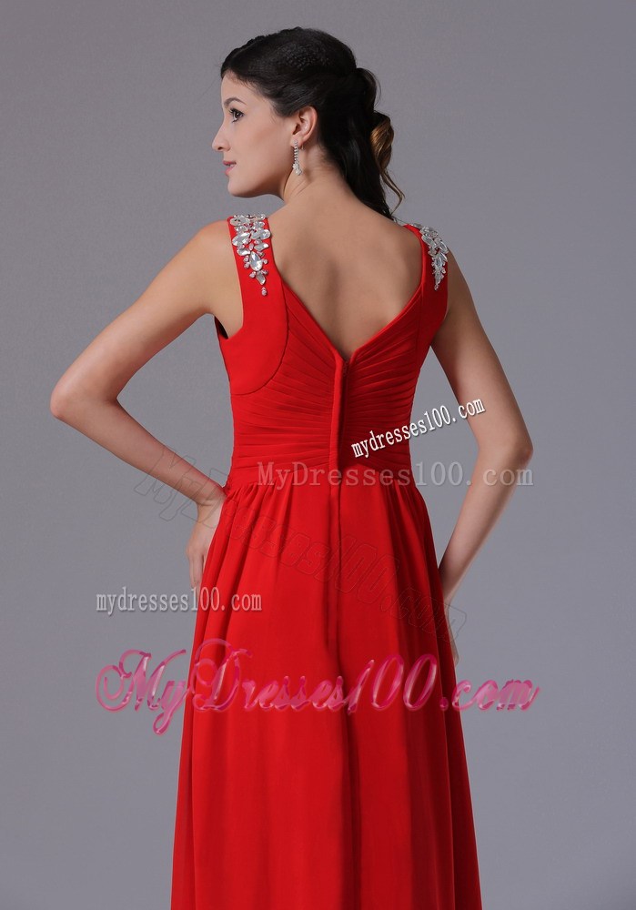 Stylish Red V-neck Beaded Ruched Prom Dresses With Floor-length