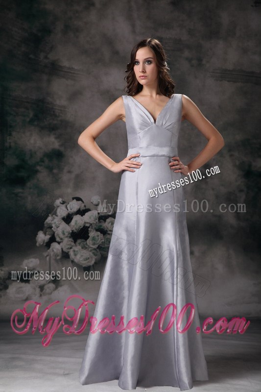 Cheap Grey Column Sheath V-neck Floor-length Ruching Prom Dress