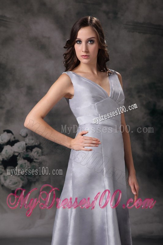 Cheap Grey Column Sheath V-neck Floor-length Ruching Prom Dress