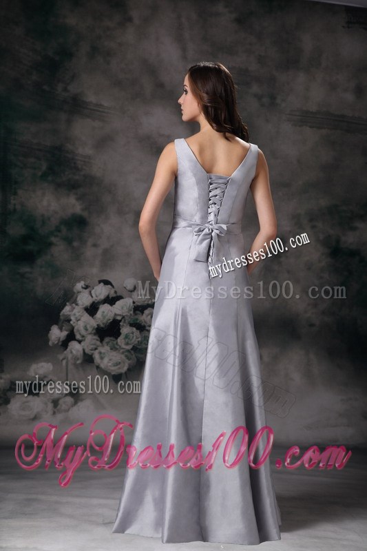 Cheap Grey Column Sheath V-neck Floor-length Ruching Prom Dress