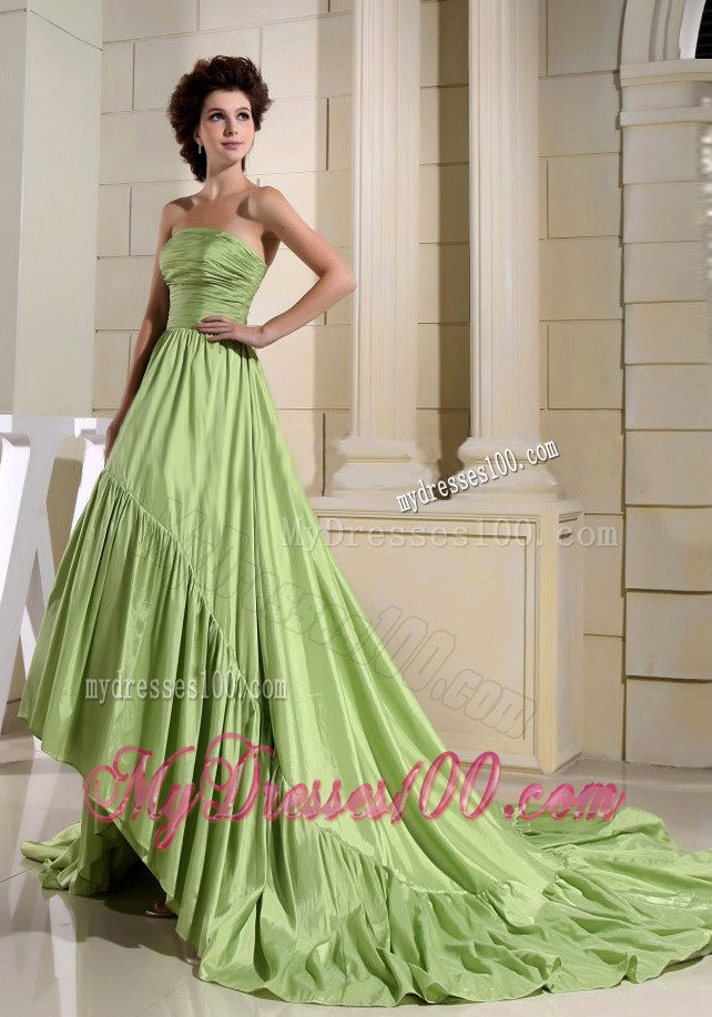Unique Yellow Green Prom Dresses Strapless Court Train 2013