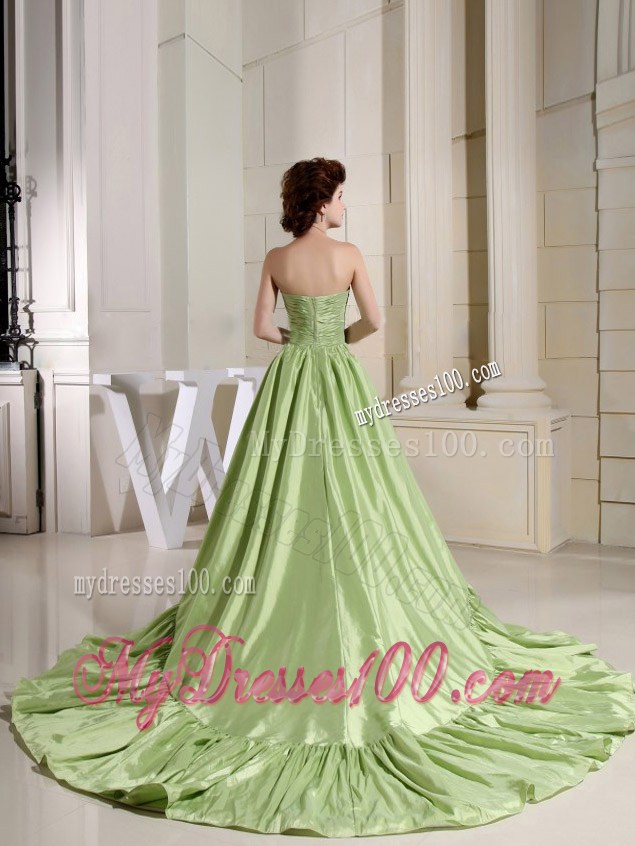 Unique Yellow Green Prom Dresses Strapless Court Train 2013