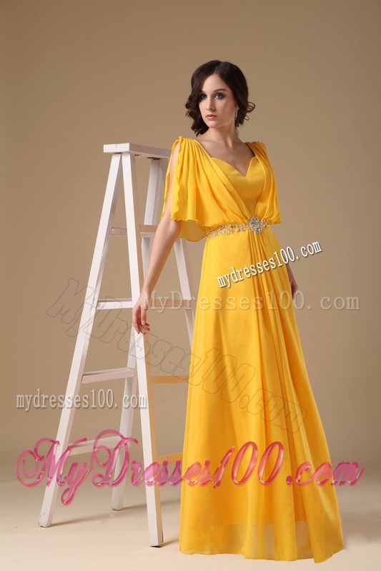 Custom Made Yellow Empire V-neck Beaded Floor-length Prom Dress