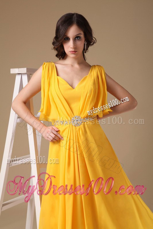 Custom Made Yellow Empire V-neck Beaded Floor-length Prom Dress