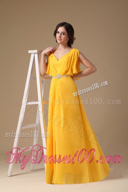 Custom Made Yellow Empire V-neck Beaded Floor-length Prom Dress