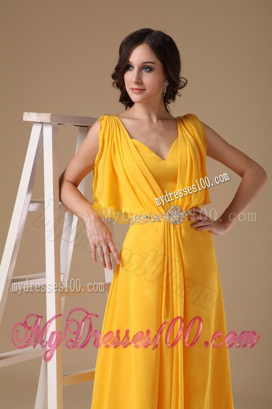 Custom Made Yellow Empire V-neck Beaded Floor-length Prom Dress