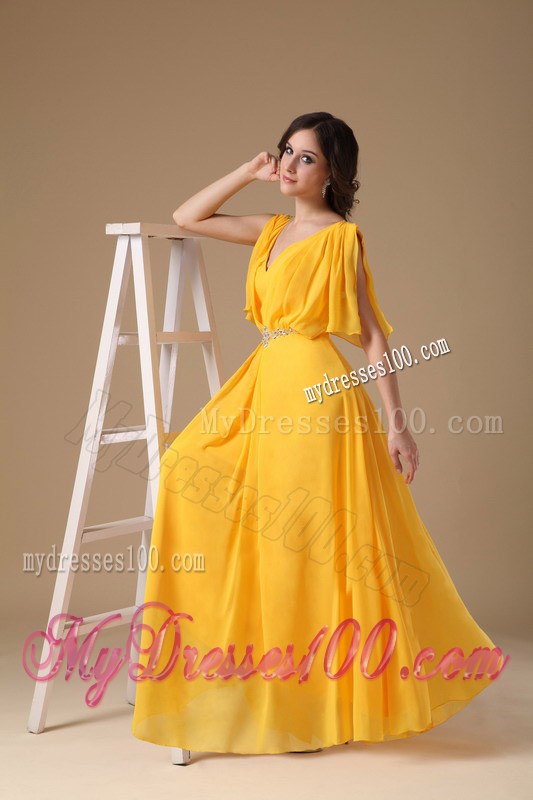 Custom Made Yellow Empire V-neck Beaded Floor-length Prom Dress