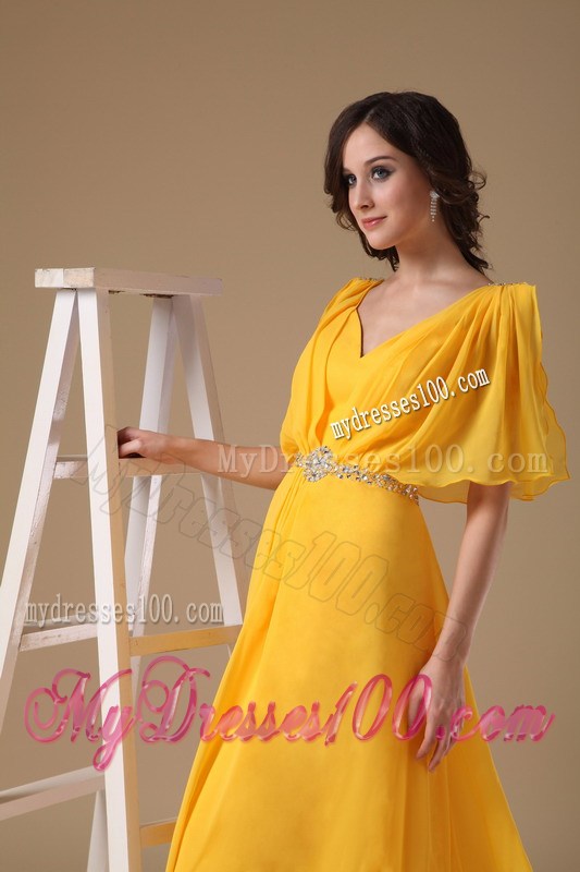 Custom Made Yellow Empire V-neck Beaded Floor-length Prom Dress