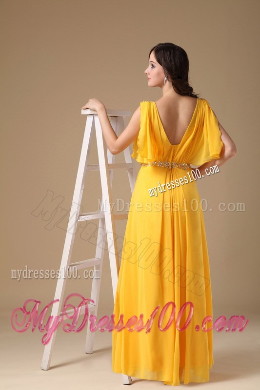 Custom Made Yellow Empire V-neck Beaded Floor-length Prom Dress
