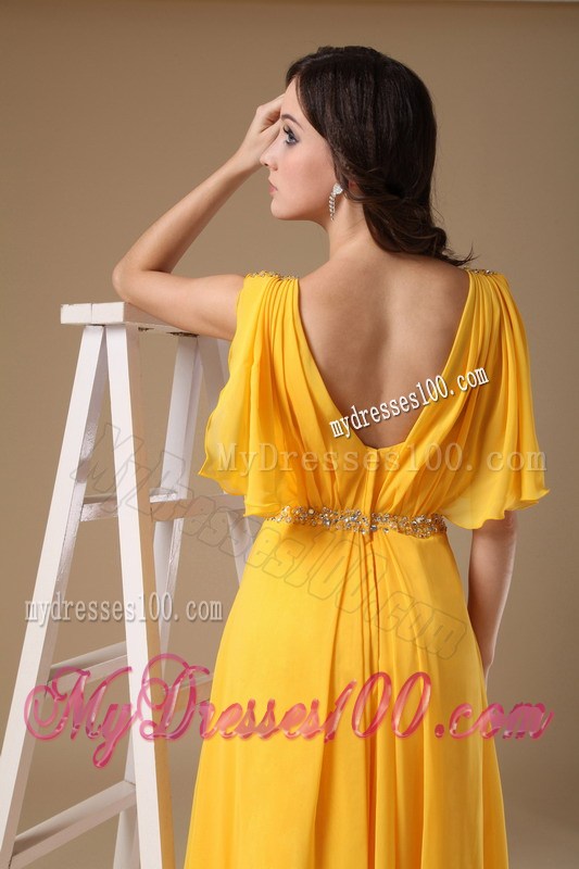 Custom Made Yellow Empire V-neck Beaded Floor-length Prom Dress