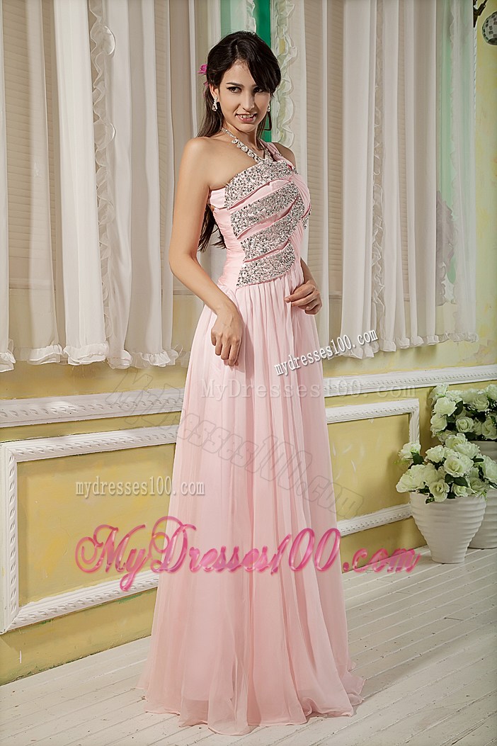 Baby Pink Prom Dresses Empire Asymmetrical Beading Floor-length
