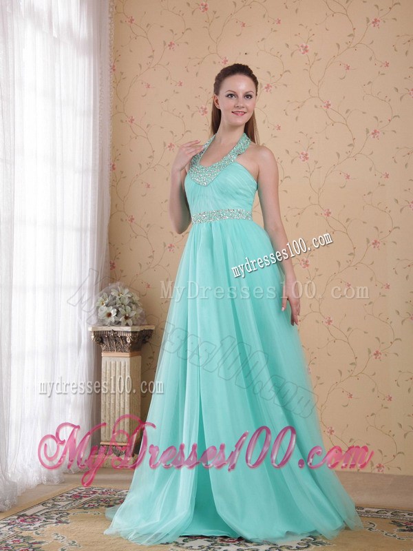 Popular Light Blue Empire Halter Floor-length Beading Prom Dresses
