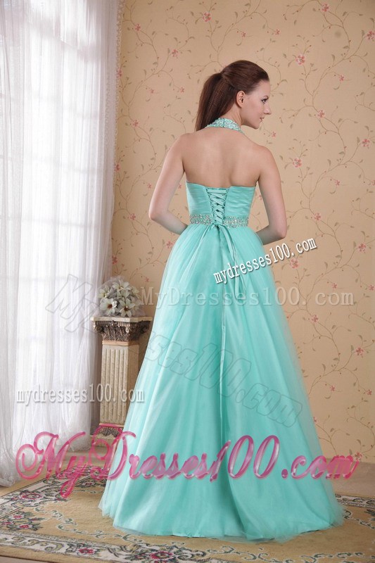 Popular Light Blue Empire Halter Floor-length Beading Prom Dresses