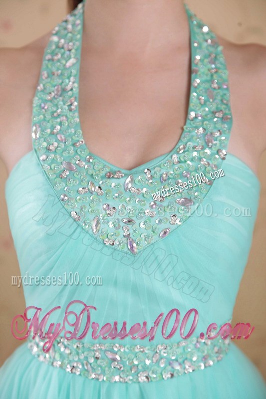 Popular Light Blue Empire Halter Floor-length Beading Prom Dresses