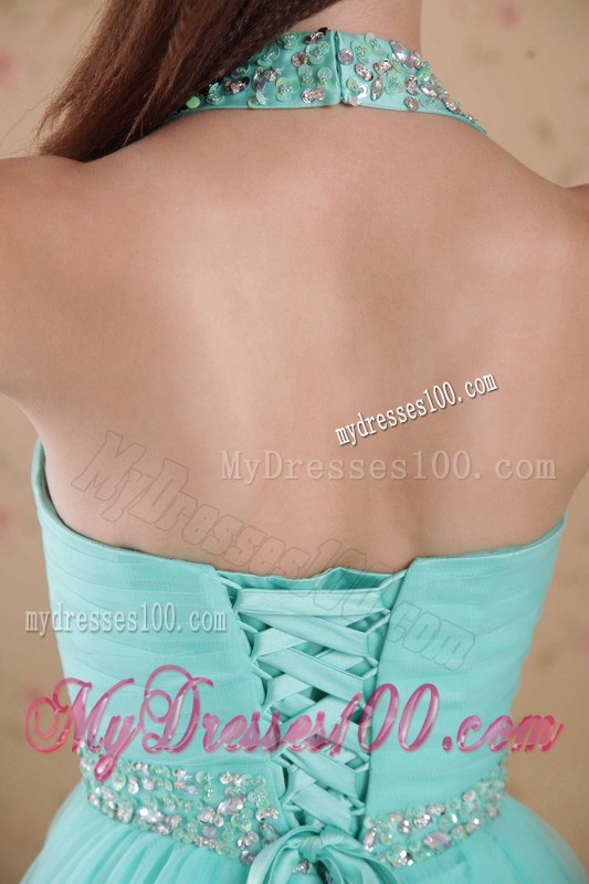 Popular Light Blue Empire Halter Floor-length Beading Prom Dresses