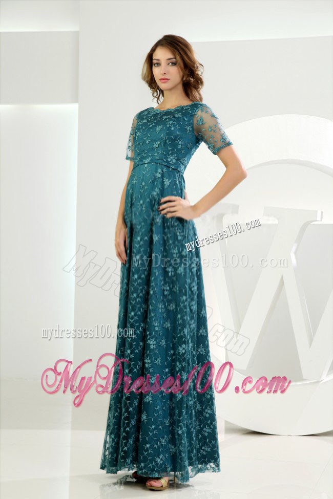 Empire Scoop Embroidery Ankle-length Short Sleeves Prom Dress Teal