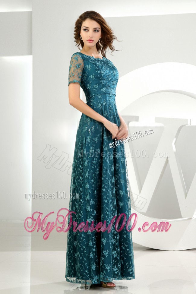 Empire Scoop Embroidery Ankle-length Short Sleeves Prom Dress Teal