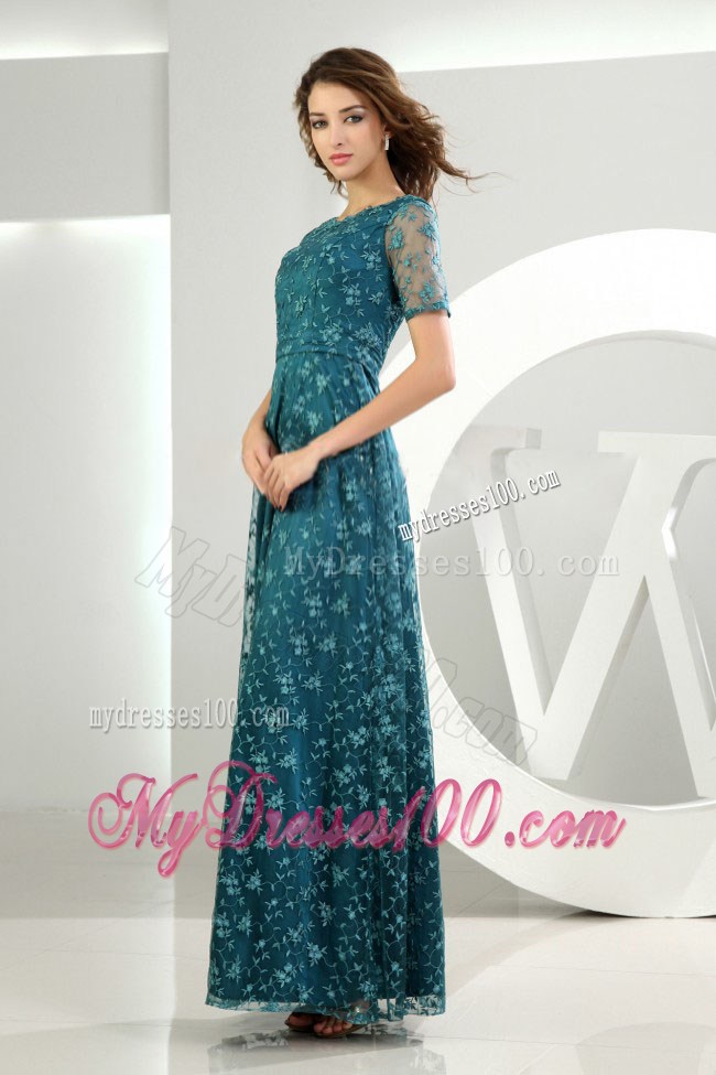 Empire Scoop Embroidery Ankle-length Short Sleeves Prom Dress Teal