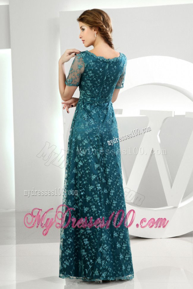 Empire Scoop Embroidery Ankle-length Short Sleeves Prom Dress Teal