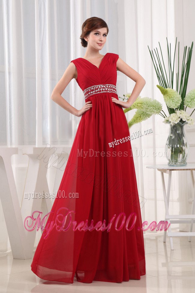 Empire V-neck Floor-length Beaded Decorate Waist Red Prom Dresses