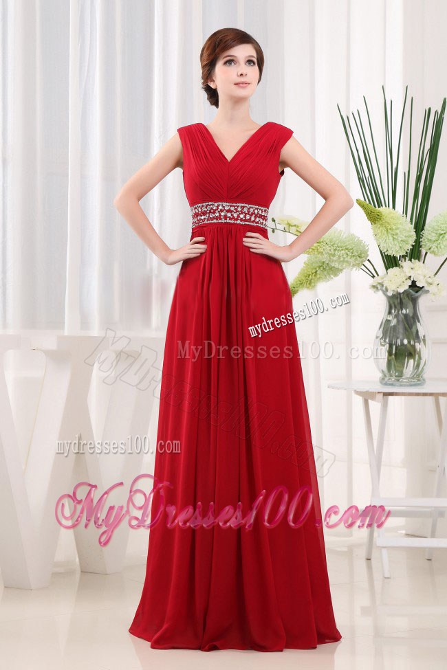 Empire V-neck Floor-length Beaded Decorate Waist Red Prom Dresses