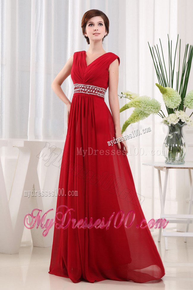 Empire V-neck Floor-length Beaded Decorate Waist Red Prom Dresses