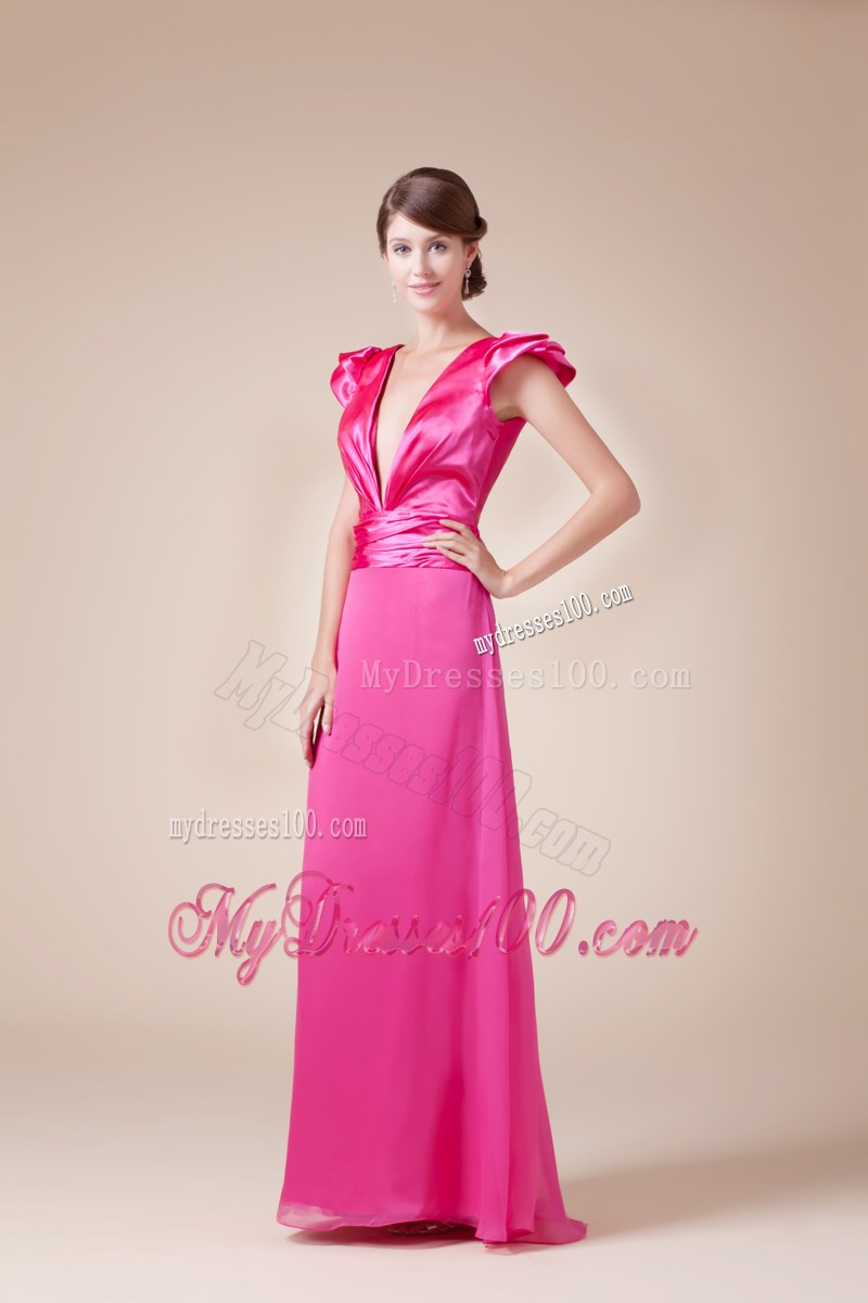 Exquisite V-neck Column / Sheath Long Prom Dress With Cap Sleeves